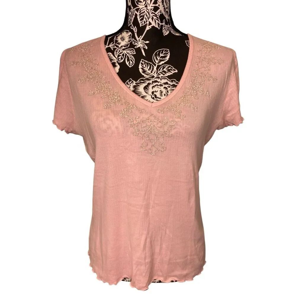 Faded Glory Beaded Ribbed Pink V Neck Coquette Y2K Fairy Grunge Casual Tee Shirt